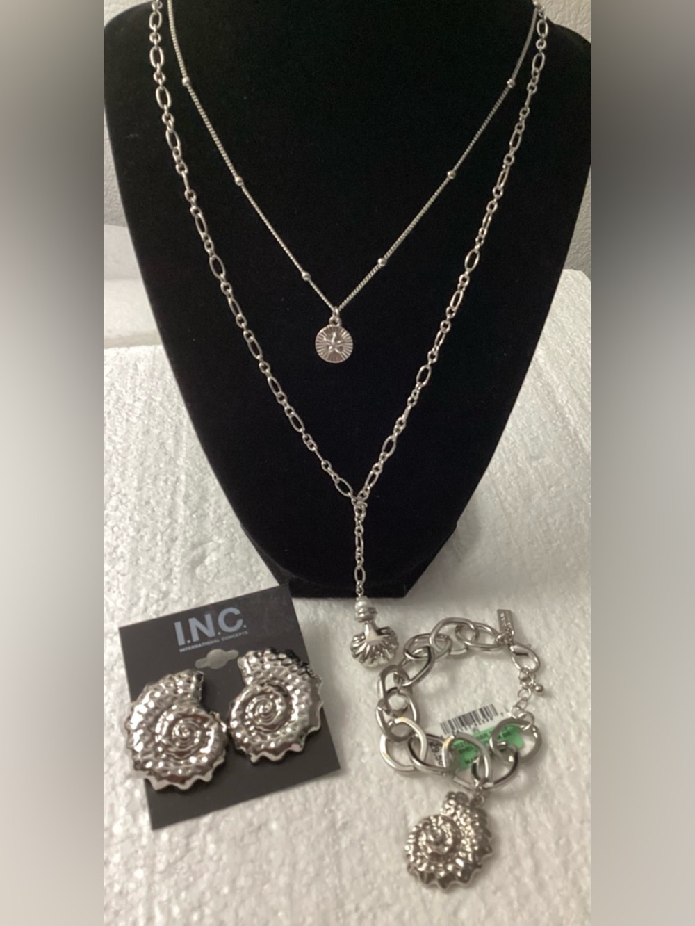 INC International Concepts Silver Tone Layered Necklace Set with Shell Charms
